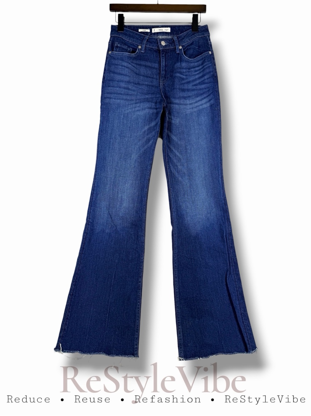 MNG Women’s Size 6 Denim Jeans Fiona Style Stretch Flare Raw Hem Mid Rise Fit